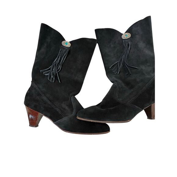 Vintage Pinwheels Western Black Suede BootsTurquoise Fringe Size 8.5 Cowboycore - Picture 3 of 7
